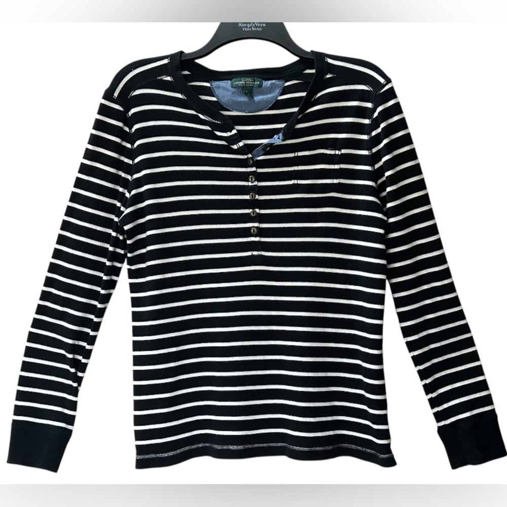 Lauren Ralph Lauren Women’s Black White Striped Pocket Long Sleeve Henley Size L - Picture 3 of 11